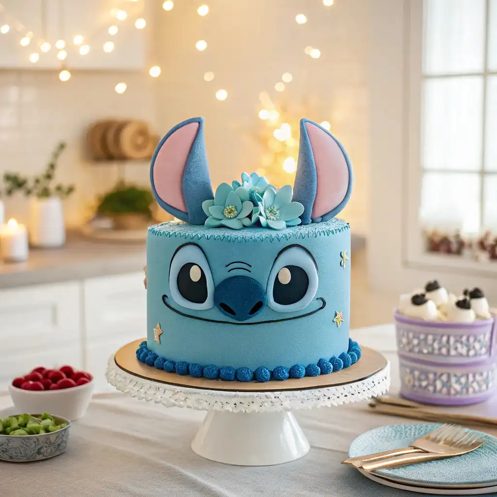 Gâteau Stitch détaillé avec des décorations florales et une ambiance lumineuse féerique en arrière-plan.